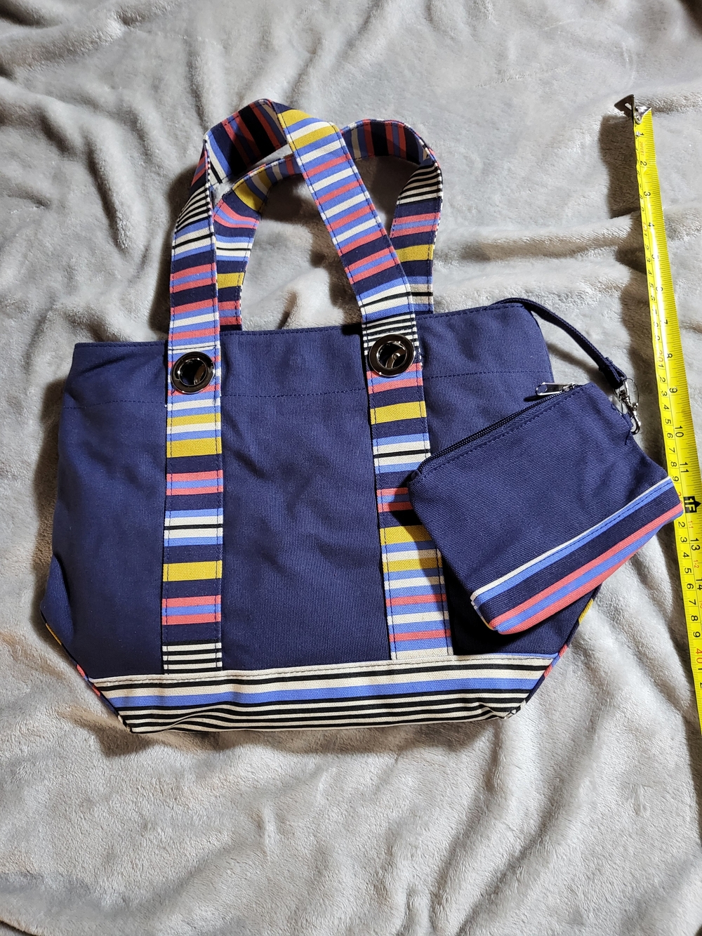 Navy Canvas Tote With Colorful Striped Accents
